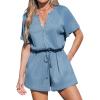 CUPSHE Women’s Summer Romper Short Sleeve Button Front Wide Leg Beach Vacation Loose Jumpsuit(Blue)