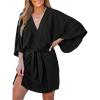 CUPSHE Women’s V Neck Summer Dress 3/4 Kimono Sleeve Self Tie Pleated Loose Slit Mini Casual Dress(Black)