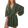 CUPSHE Women’s V Neck Summer Dress 3/4 Kimono Sleeve Self Tie Pleated Loose Slit Mini Casual Dress(Olive Green)