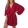 CUPSHE Women’s V Neck Summer Dress 3/4 Kimono Sleeve Self Tie Pleated Loose Slit Mini Casual Dress(Red)