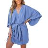 CUPSHE Women’s V Neck Summer Dress 3/4 Kimono Sleeve Self Tie Pleated Loose Slit Mini Casual Dress(Sky Blue)