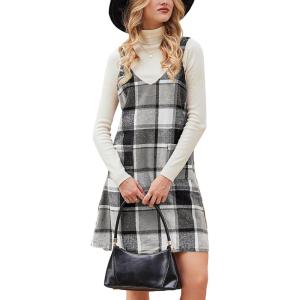 CUPSHE Fall Dresses for Women V Neck Plaid Sleeveless Wide Strpas Pockets Casual Pinafore Mini Overall Dress(Black Plaid)
