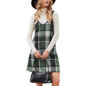 CUPSHE Fall Dresses for Women V Neck Plaid Sleeveless Wide Strpas Pockets Casual Pinafore Mini Overall Dress(Green Plaid)