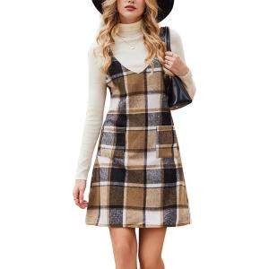 CUPSHE Fall Dresses for Women V Neck Plaid Sleeveless Wide Strpas Pockets Casual Pinafore Mini Overall Dress(Khaki Plaid)