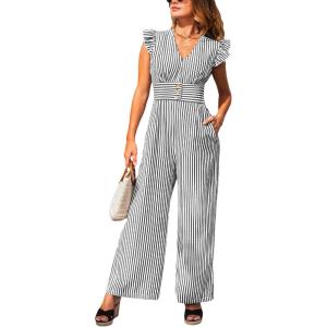 CUPSHE Summer Stripes Jumpsuits for Women V Neck Ruffle Cap Sleeve Romper Dressy Overalls Wide Leg Pants One Piece Outfits(Black)