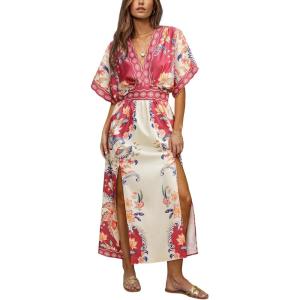 CUPSHE Women Boho Maxi Summer Dress Plunging V Half Dolman Sleeve Empired Waist Side Slit Sundress Holiday Beach Dresses(Pink Floral)