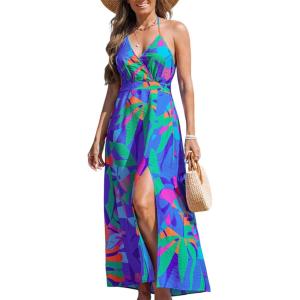 CUPSHE Women Halter Backless Summer Dresses Spaghetti Strap Side Slit Casual Beach Sundress Holiday Vacation Maxi Dress(Blue Pattern)