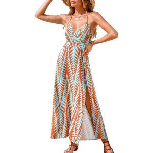 CUPSHE Women Halter Backless Summer Dresses Spaghetti Strap Side Slit Casual Beach Sundress Holiday Vacation Maxi Dress(Blue Red)