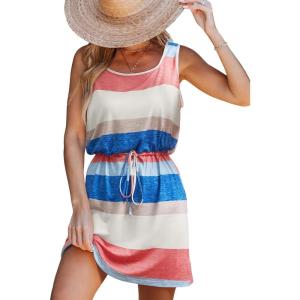 CUPSHE Women Knit Colorblock Stripe Summer Dress Crew Neck Waist Tie Multicolor Casual Sundress Beach Holiday Mini Dress(Multicolor Pink Blue)
