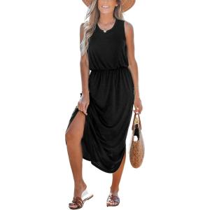 CUPSHE Women Knit Summer Dress Cover Up Crew Neck Elastic Waist Side Slit Midi Casual Sundress Beach Cover Up Dresses(Black)