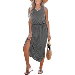CUPSHE Women Knit Summer Dress Cover Up Crew Neck Elastic Waist Side Slit Midi Casual Sundress Beach Cover Up Dresses(Grey)