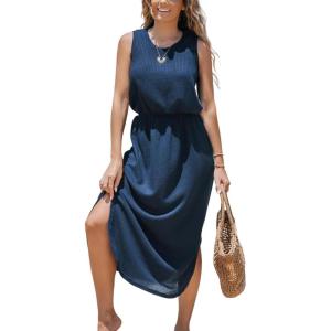 CUPSHE Women Knit Summer Dress Cover Up Crew Neck Elastic Waist Side Slit Midi Casual Sundress Beach Cover Up Dresses(Navy Blue)
