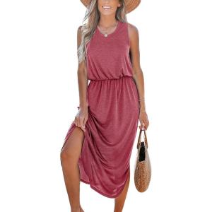 CUPSHE Women Knit Summer Dress Cover Up Crew Neck Elastic Waist Side Slit Midi Casual Sundress Beach Cover Up Dresses(Rose Pink)