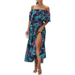 CUPSHE Women Ruffle Floral Maxi Summer Dress Off Shoulder Short Sleeve Backless Flounce Bodice Slit Hem Beach Dresses(Blue)
