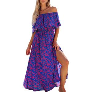 CUPSHE Women Ruffle Floral Maxi Summer Dress Off Shoulder Short Sleeve Backless Flounce Bodice Slit Hem Beach Dresses(Blue Purple)