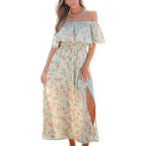 CUPSHE Women Ruffle Floral Maxi Summer Dress Off Shoulder Short Sleeve Backless Flounce Bodice Slit Hem Beach Dresses(Ditsy Floral)