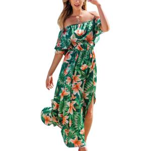 CUPSHE Women Ruffle Floral Maxi Summer Dress Off Shoulder Short Sleeve Backless Flounce Bodice Slit Hem Beach Dresses(Green Tropical)
