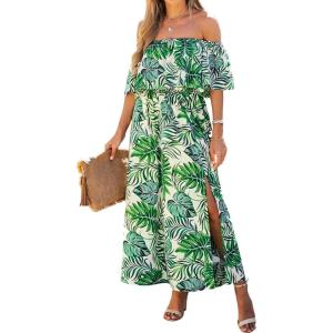 CUPSHE Women Ruffle Floral Maxi Summer Dress Off Shoulder Short Sleeve Backless Flounce Bodice Slit Hem Beach Dresses(Light Green)