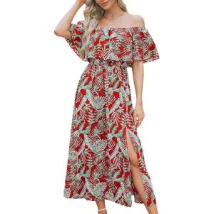 CUPSHE Women Ruffle Floral Maxi Summer Dress Off Shoulder Short Sleeve Backless Flounce Bodice Slit Hem Beach Dresses(Red Leaf)