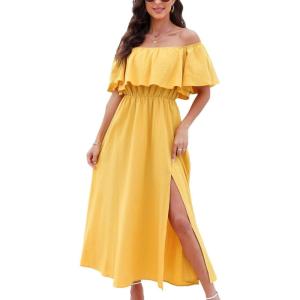 CUPSHE Women Ruffle Floral Maxi Summer Dress Off Shoulder Short Sleeve Backless Flounce Bodice Slit Hem Beach Dresses(Yellow)