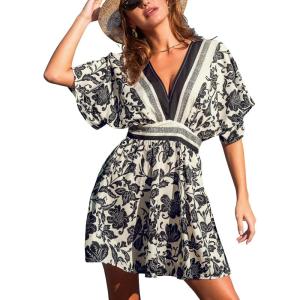 CUPSHE Women Summer Dresses Floral Plunging V Neck Short Sleeve Elastic Waist Beach Vacation Mini Dress(Black)