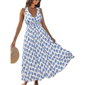 CUPSHE Women Summer Maxi Dresses V Neck Sleeveless Boho Paisley Sundress Smocked Waist Crossback Beach Vacation Long Dress(Blue Paisley)