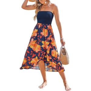 CUPSHE Women Tube Floral Midi Summer Dress Straight Neck Split Hem Tropical Casual Sundress Holiday Vacation Beach Dress(Navy Blue)