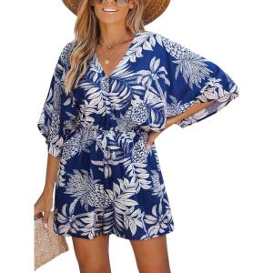 CUPSHE Women’s Boho Floral Romper Short Sleeve V Neck Tie Waist Summer Beach Jumpsuit Tropical Resort Vacation Outfits(Navy Floral)