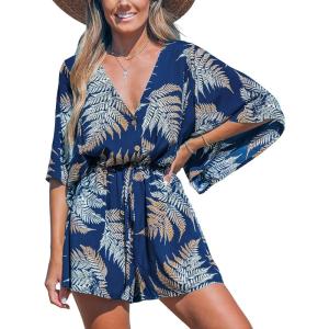 CUPSHE Women’s Boho Floral Romper Short Sleeve V Neck Tie Waist Summer Beach Jumpsuit Tropical Resort Vacation Outfits(Navy/Yellow Leaves)