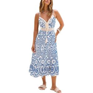 CUPSHE Womens Boho Midi Dresses Summer Spaghetti Strap Crochet Lace V Neck Drawstring Waist Beach Vacation Casual Sundress(Blue Paisley)