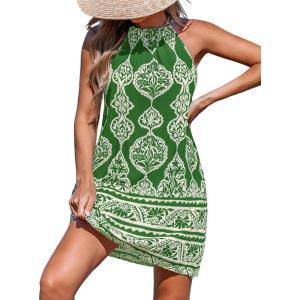 CUPSHE Women’s Boho Mini Dress Halter Sleeveless Paisley Self Tie Back Summer Casual Beach Dress(Green Paisley)