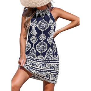 CUPSHE Women’s Boho Mini Dress Halter Sleeveless Paisley Self Tie Back Summer Casual Beach Dress(Navy Paisley)