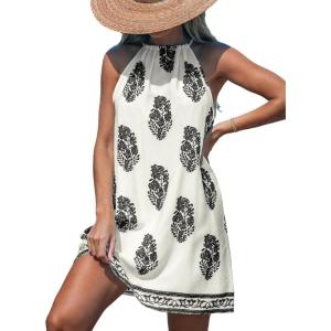 CUPSHE Women’s Boho Mini Dress Halter Sleeveless Paisley Self Tie Back Summer Casual Beach Dress(White Paisley)
