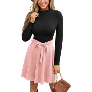 CUPSHE Women’s Fall Dresses Long Sleeves Round Neck Casual Outfits A Line Work Belted Vacation Mini Sundress(Pink)