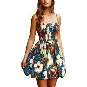 CUPSHE Women’s Floral Mini Dress Tropical Bubble Hem Sleeveless Dresses Square Neck Beach Vacation Summer Dresses(Floral Navy Blue)