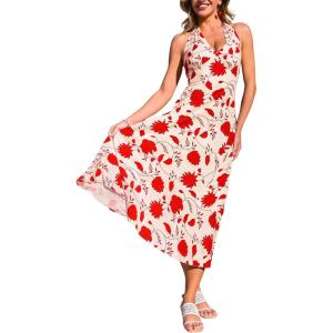 CUPSHE Women’s Halter Floral Midi Dress Sleeveless Backless A-Line Flowy Beach Vacation Sundress Long Wedding Guest Dresses(Red Floral)
