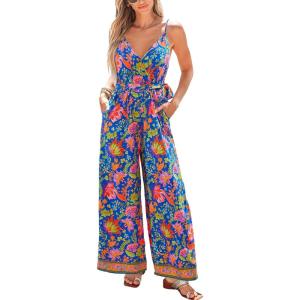 CUPSHE Women’s Jumpsuit V Neck Floral Sleeveless Leg Wide Leg Pants Tied One Piece Casual Loose Summer Outfits Rompers(Blue-pink)