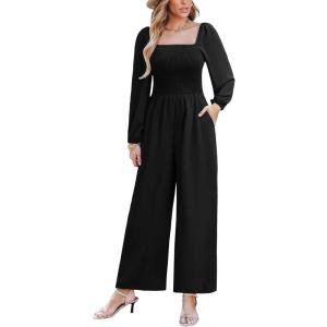 CUPSHE Women’s Long Sleeve Jumpsuits Casual Square Neck Wide Leg Smocked One Piece Jumpsuit with Pockets(Black)