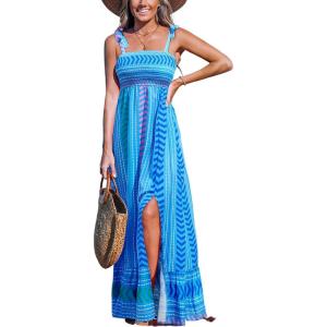 CUPSHE Women’s Maxi Dress Casual Smocked Straps Paisley Ruffled Slit A Line Long Beach Summer Dress(Blue Striped)