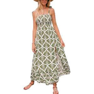 CUPSHE Women’s Maxi Dress Casual Smocked Straps Paisley Ruffled Slit A Line Long Beach Summer Dress(Green Tropical)
