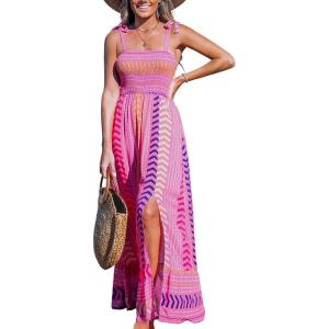 CUPSHE Women’s Maxi Dress Casual Smocked Straps Paisley Ruffled Slit A Line Long Beach Summer Dress(Pink Paisley)