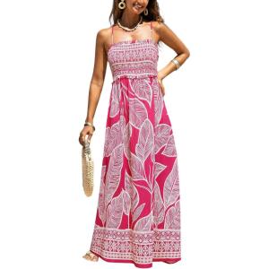CUPSHE Women’s Maxi Dress Ditsy Floral Smocked Summer Sundress Sleeveless Ruffled Spaghetti Straps Long Beach Formal Dress(Fuchsia Tropical)