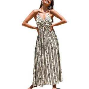 CUPSHE Women’s Maxi Dress Floral Print Twisted V Neck Sleeveless Long Dress Summer Casual Dress(Black Striped)