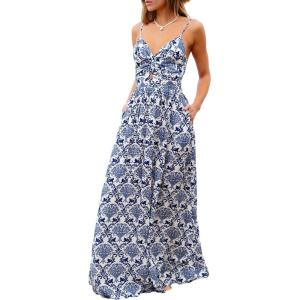 CUPSHE Women’s Maxi Dress Floral Print Twisted V Neck Sleeveless Long Dress Summer Casual Dress(Blue Printed)