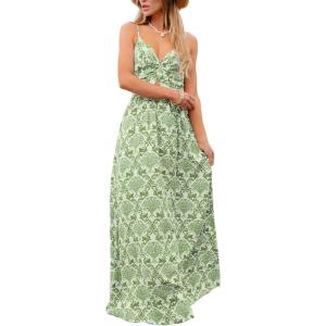 CUPSHE Women’s Maxi Dress Floral Print Twisted V Neck Sleeveless Long Dress Summer Casual Dress(Grass Green)
