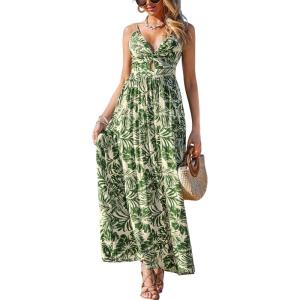 CUPSHE Women’s Maxi Dress Floral Print Twisted V Neck Sleeveless Long Dress Summer Casual Dress(Green Leaf)
