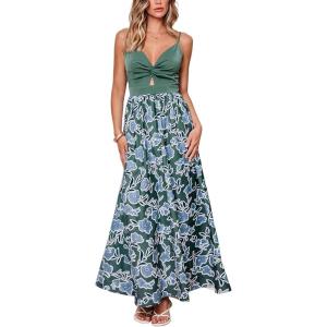 CUPSHE Women’s Maxi Dress Floral Print Twisted V Neck Sleeveless Long Dress Summer Casual Dress(Green-blue)