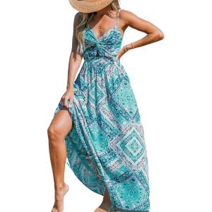 CUPSHE Women’s Maxi Dress Floral Print Twisted V Neck Sleeveless Long Dress Summer Casual Dress(Mint Paisley)