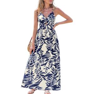CUPSHE Women’s Maxi Dress Floral Print Twisted V Neck Sleeveless Long Dress Summer Casual Dress(Navy Tropical)