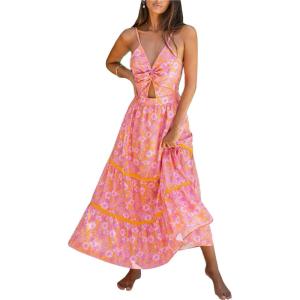 CUPSHE Women’s Maxi Dress Floral Print Twisted V Neck Sleeveless Long Dress Summer Casual Dress(Pink Floral)